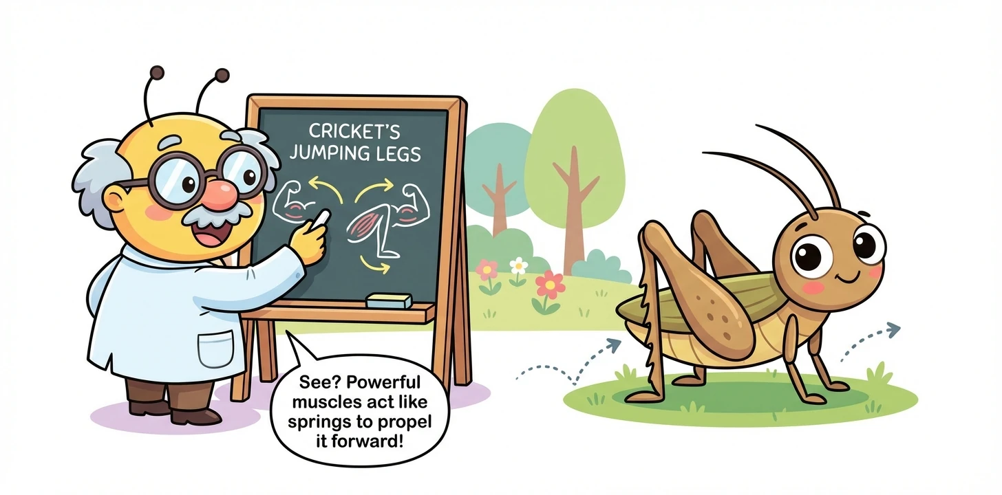 The Cricket's powerful jumping legs are showcased. Professor Bumble draws a diagram of its leg muscles and explains how they propel it forward.