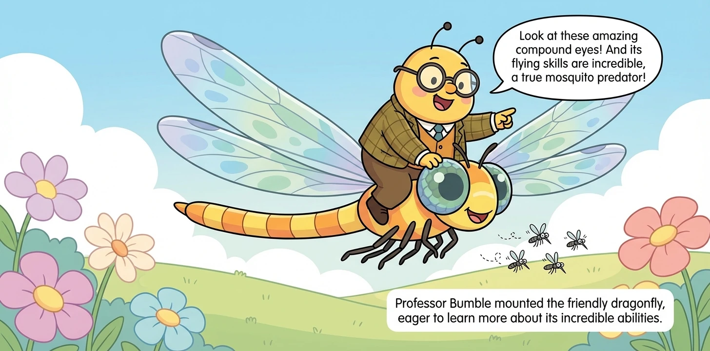 Professor Bumble mounts a Dragonfly, emphasizing its large compound eyes. He describes its incredible flying abilities and its role as a mosquito pred