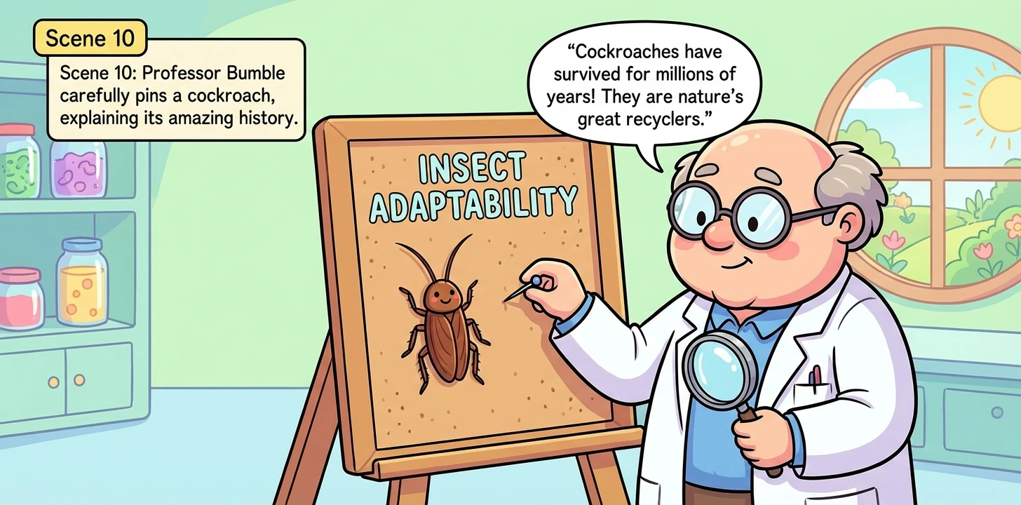 He carefully pins a Cockroach, highlighting its adaptability. He explains how cockroaches have survived for millions of years and their role in the ec
