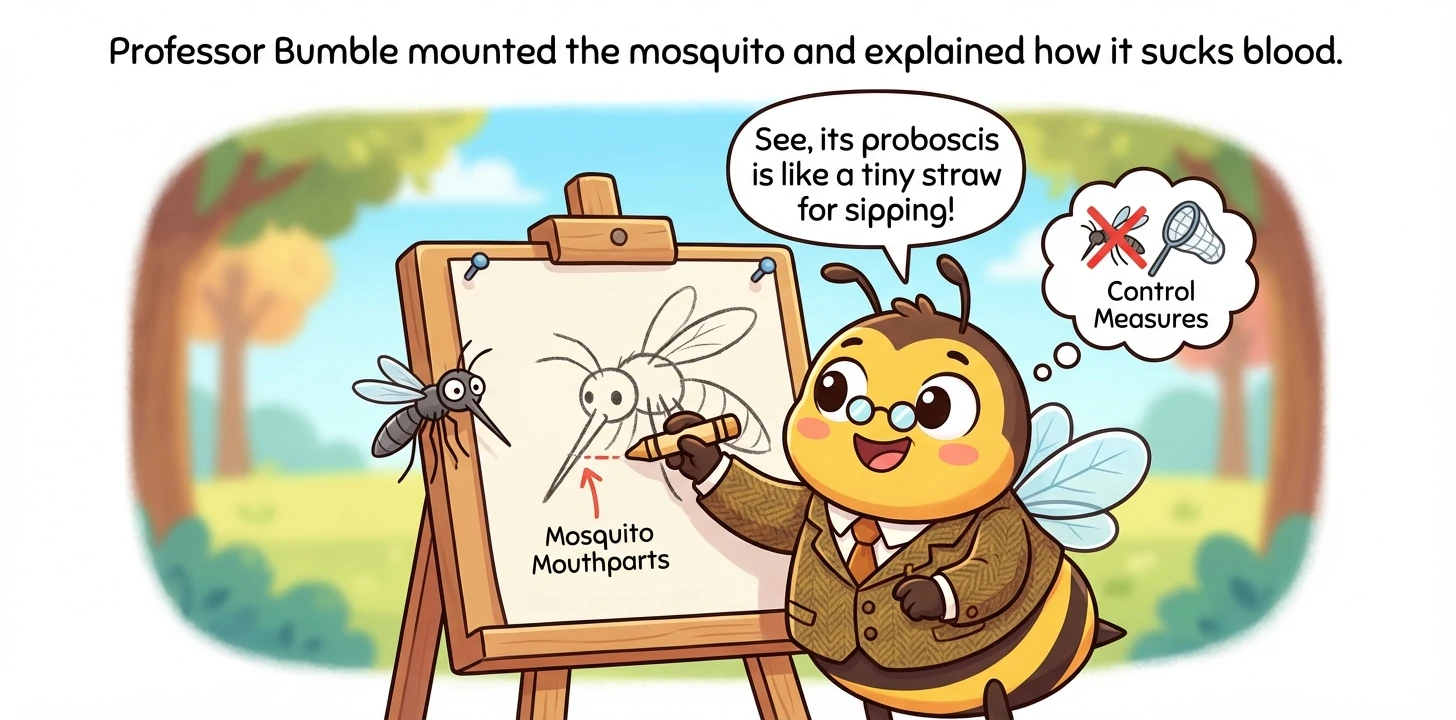 Professor Bumble mounts a Mosquito onto the paper. He draws a diagram of its mouthparts, explaining how it sucks blood, and discusses mosquito control