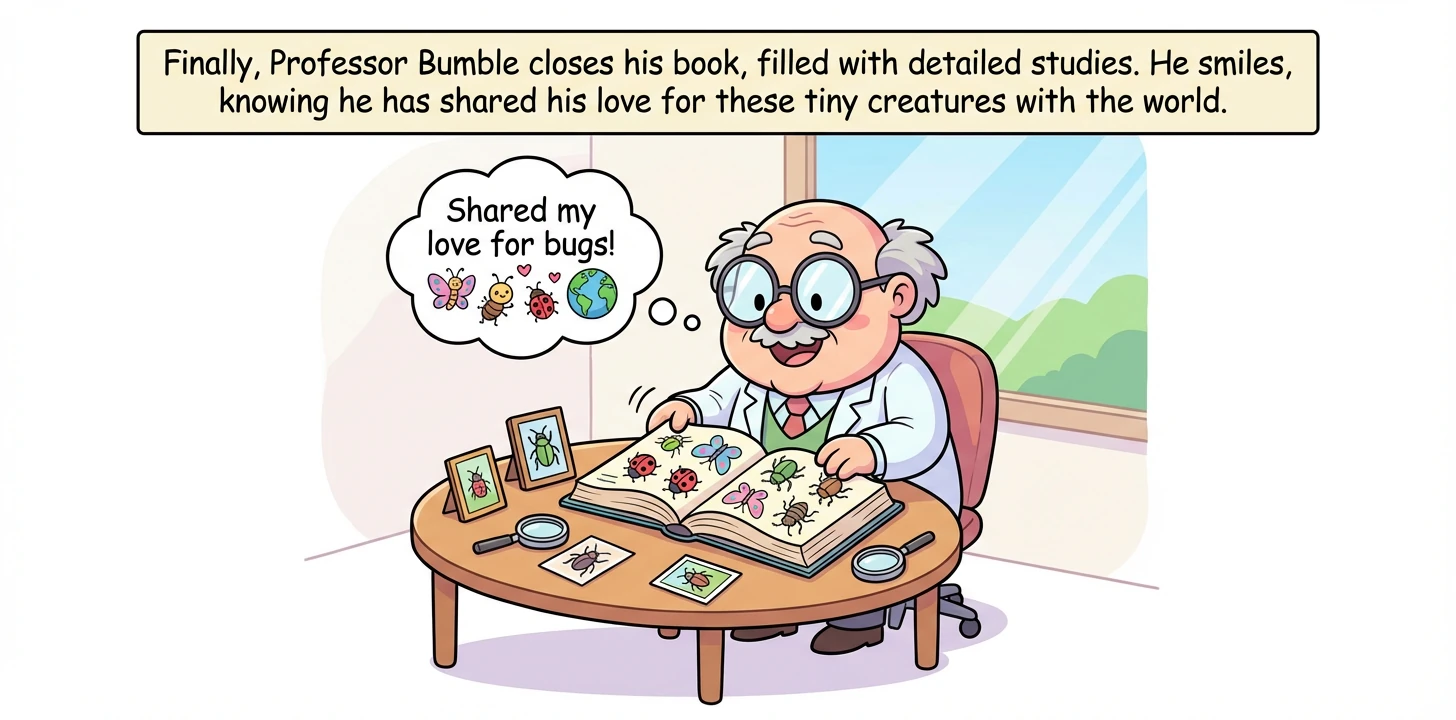 Finally, Professor Bumble closes his book, filled with detailed studies of each bug. He smiles, knowing he has shared his love for these tiny creature