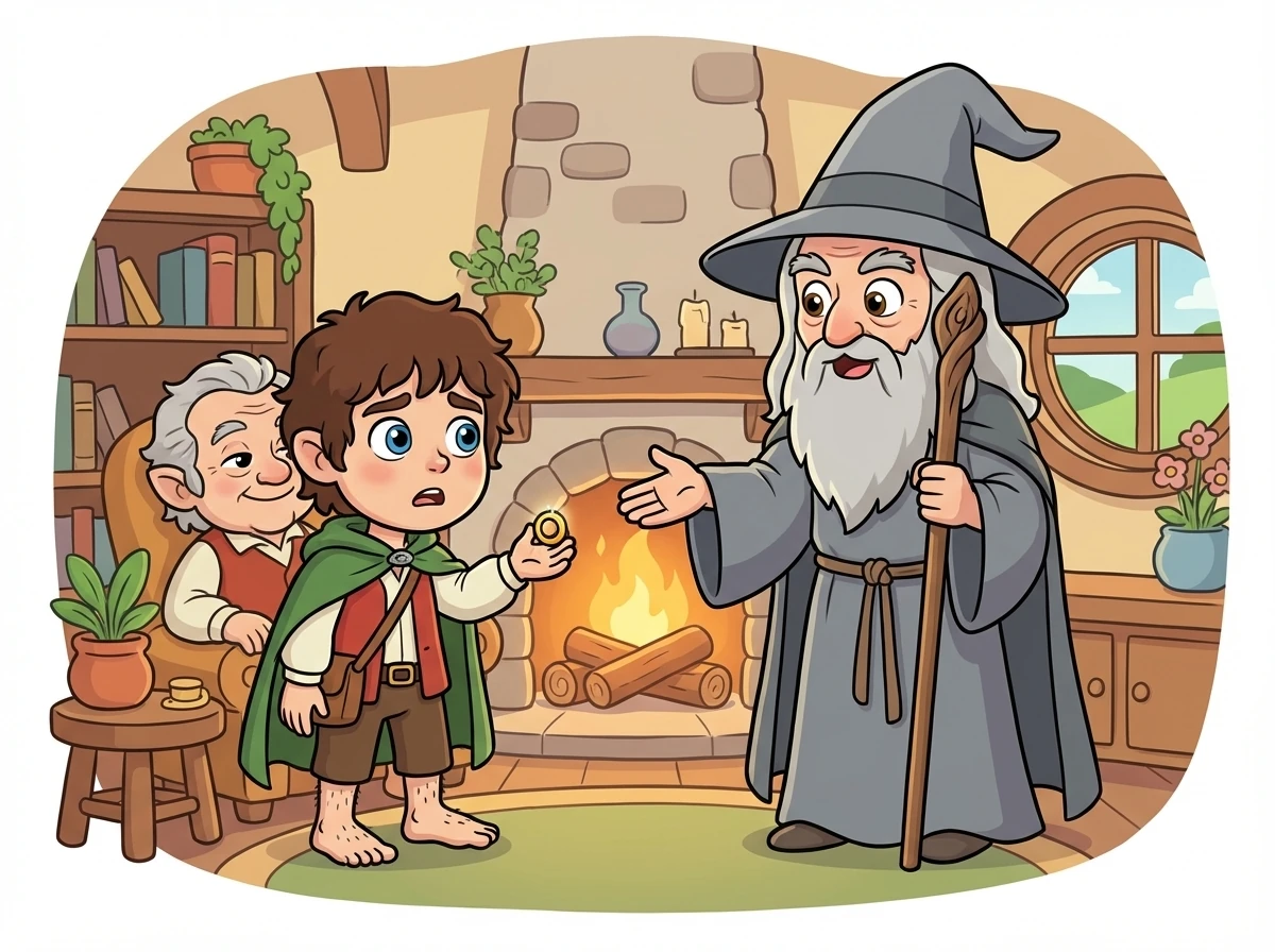 In the Shire, Frodo Baggins, a hobbit, inherits the One Ring from his uncle Bilbo. Gandalf the Grey, a wizard, reveals the Ring's dark power and warns Frodo of the Dark Lord Sauron.
