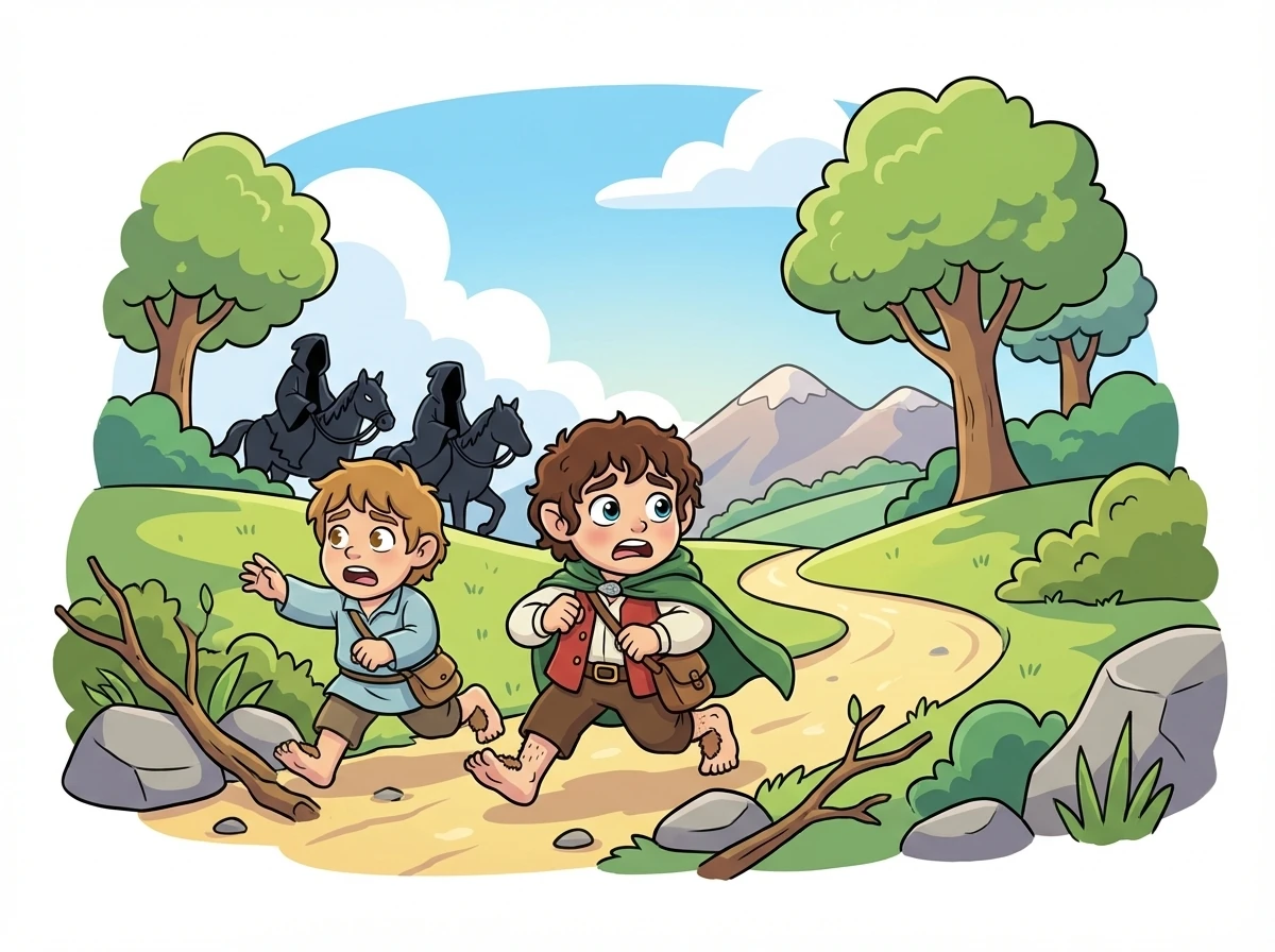 Frodo, accompanied by his loyal friend Samwise Gamgee, sets out from the Shire to Rivendell, seeking refuge and guidance. They narrowly escape the Black Riders, Sauron's servants.