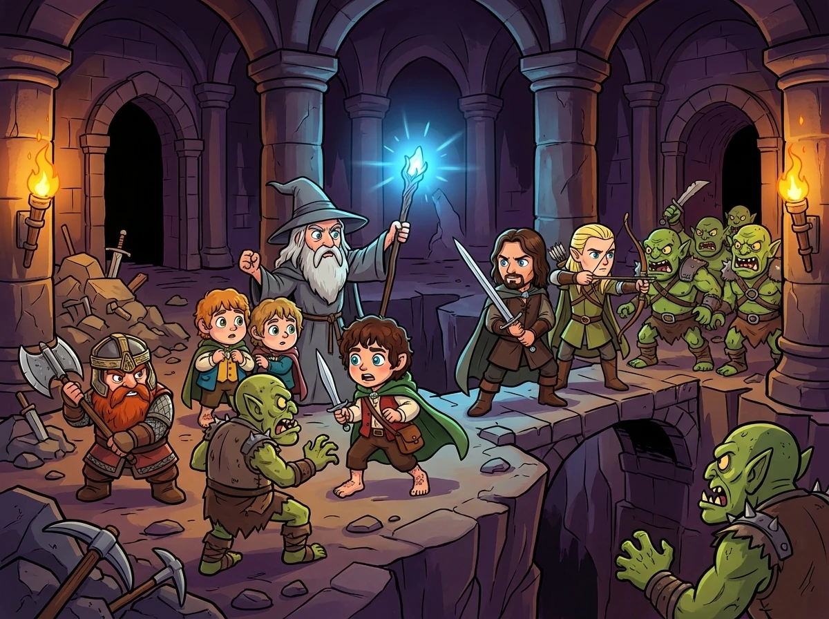 The Fellowship, consisting of Frodo, Sam, Merry, Pippin, Gandalf, Aragorn, Legolas, and Gimli, journeys south. They face treacherous paths and orc attacks in the Mines of Moria.