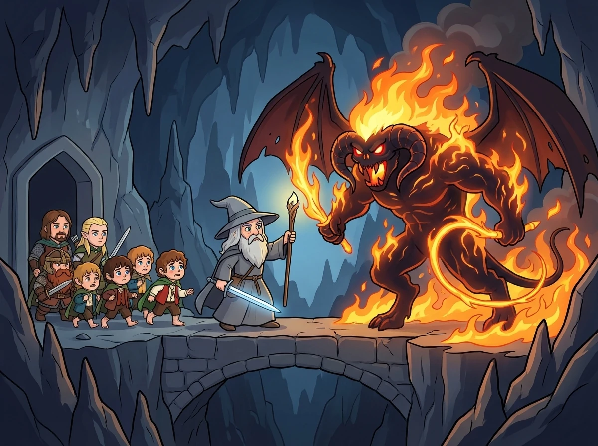 Gandalf confronts a Balrog, a fiery demon, in the Mines of Moria, sacrificing himself to ensure the Fellowship's escape. The remaining members flee to Lothlórien.
