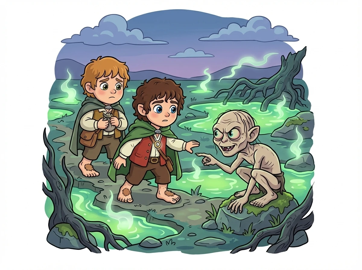 Frodo and Sam, guided by the treacherous Gollum, navigate the Dead Marshes on their way to Mordor. Gollum's obsession with the Ring threatens their mission.