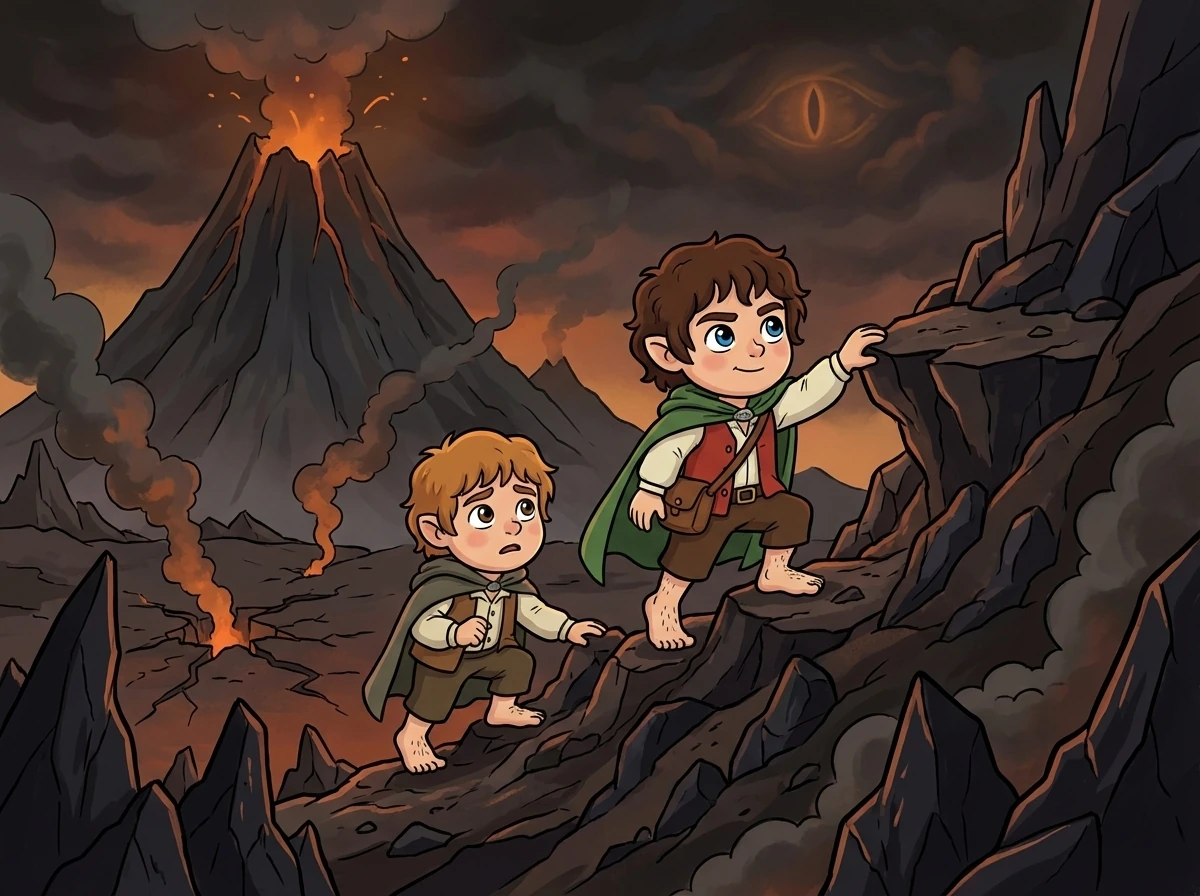 Frodo and Sam enter Mordor, facing the harsh landscape and constant threat of Sauron's forces. They begin their ascent up Mount Doom.