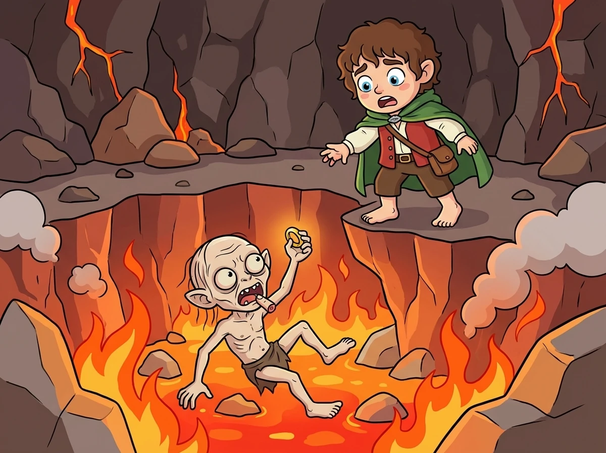 At the Cracks of Doom, Frodo is overcome by the Ring's power and claims it for himself. Gollum bites off Frodo's finger, taking the Ring, and falls into the fiery chasm.