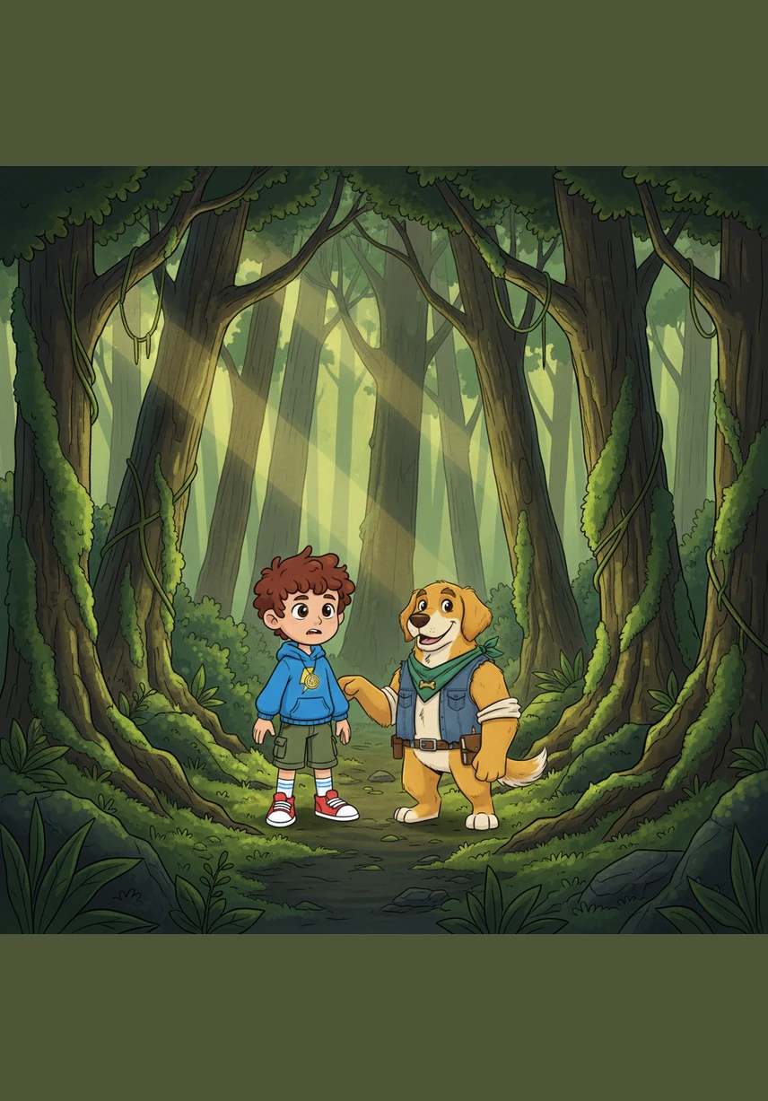 One afternoon, they discovered an old, moss-covered trail leading deep into the Whispering Woods, a place where the trees seemed to touch the sky. Leo looked at the dark path with a bit of fear, but Barnaby gave a confident bark and nudged Leo’s hand forward.