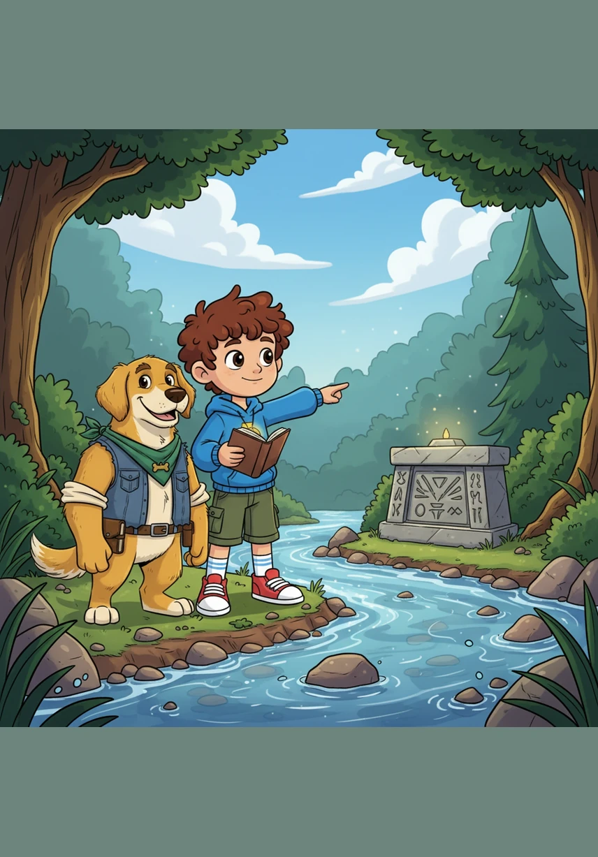 They reached a wide, bubbling stream with slippery stones that blocked their way. Sensing Leo’s hesitation, Barnaby stepped into the cool water first and stood firmly, providing a steady anchor for Leo to hold onto as he crossed.