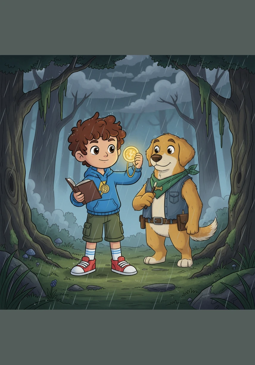 Suddenly, dark clouds gathered and a gentle rain began to fall, turning the forest floor into a misty, magical world. Barnaby quickly spotted a hollowed-out log tucked beneath a giant oak tree and led Leo toward the dry, leafy shelter.