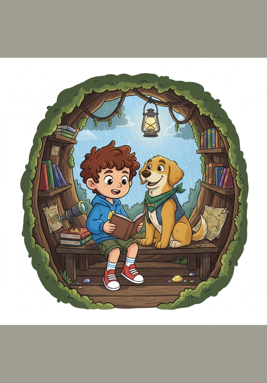 Inside the cozy hollow, the two friends huddled together to stay warm while the rain pattered softly against the bark. Barnaby rested his heavy head on Leo’s lap, his steady heartbeat and warm fur making the boy feel safe and loved.