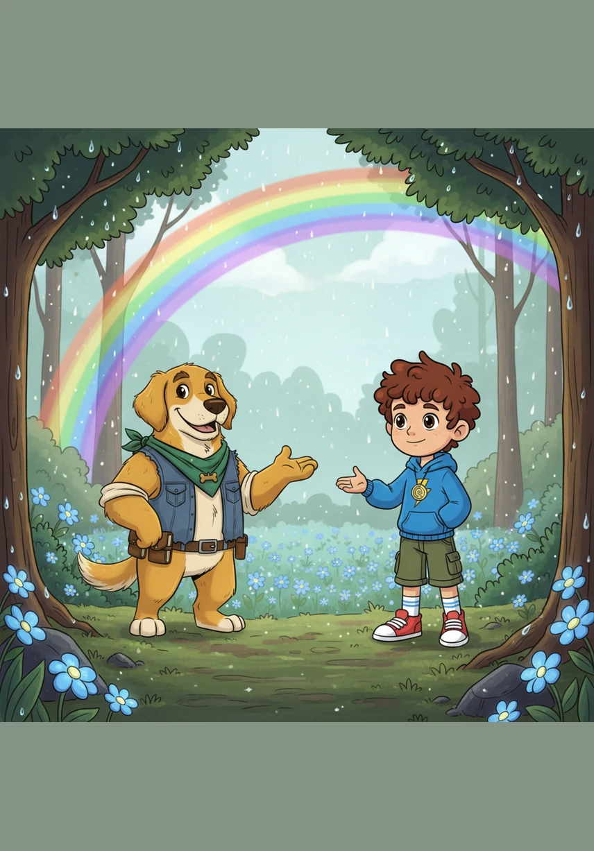When the storm passed, the forest sparkled with raindrops that looked like tiny diamonds hanging from every leaf. Barnaby led Leo to a hidden clearing where a double rainbow arched over a field of glowing blue wildflowers.