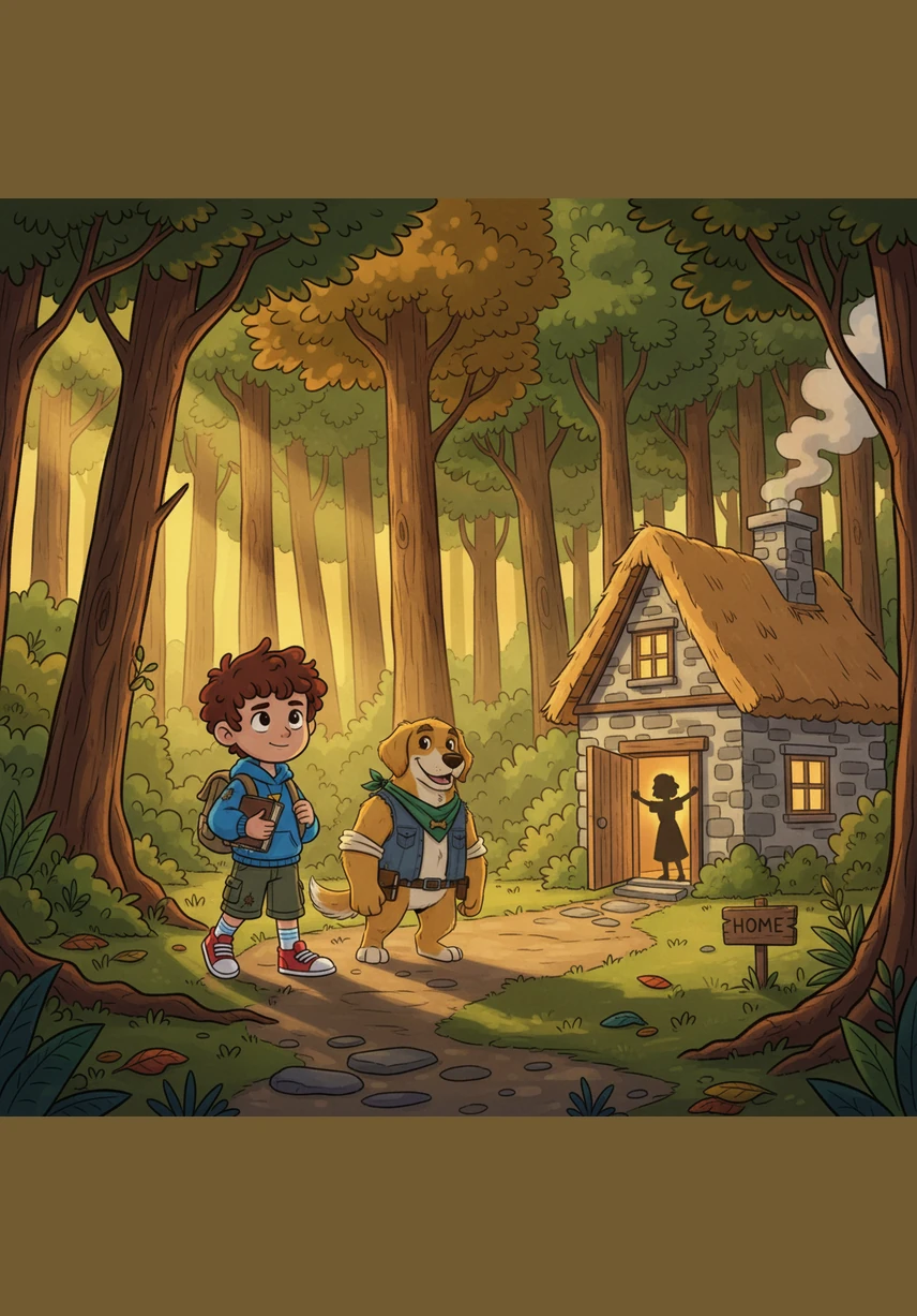 They emerged from the woods just as the sky turned a beautiful shade of violet and orange, seeing the warm glow of their farmhouse windows. Leo hugged Barnaby tightly, knowing that no matter where they went, his loyal friend would always bring him home.