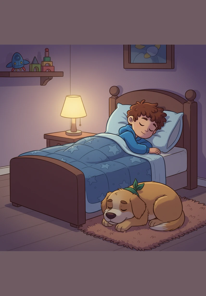 Back in his warm bed, Leo drifted off to sleep while Barnaby curled up on the rug right beside him. In the quiet of the night, the bond between the boy and his dog remained the strongest magic of all.