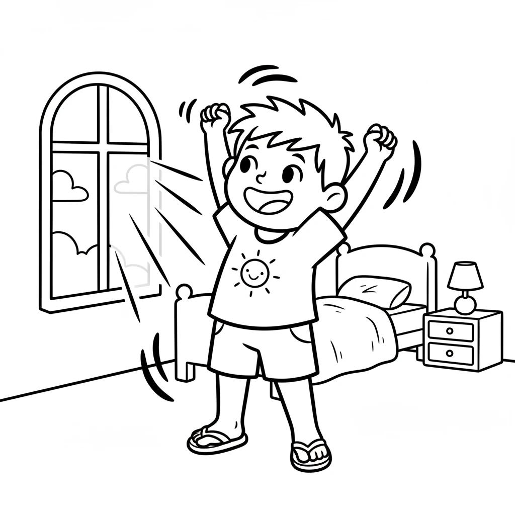 The bright sun peeked through the window, waking Leo. He stretched his arms high, feeling the warmth of a brand new summer day. Today felt special, full of exciting possibilities.