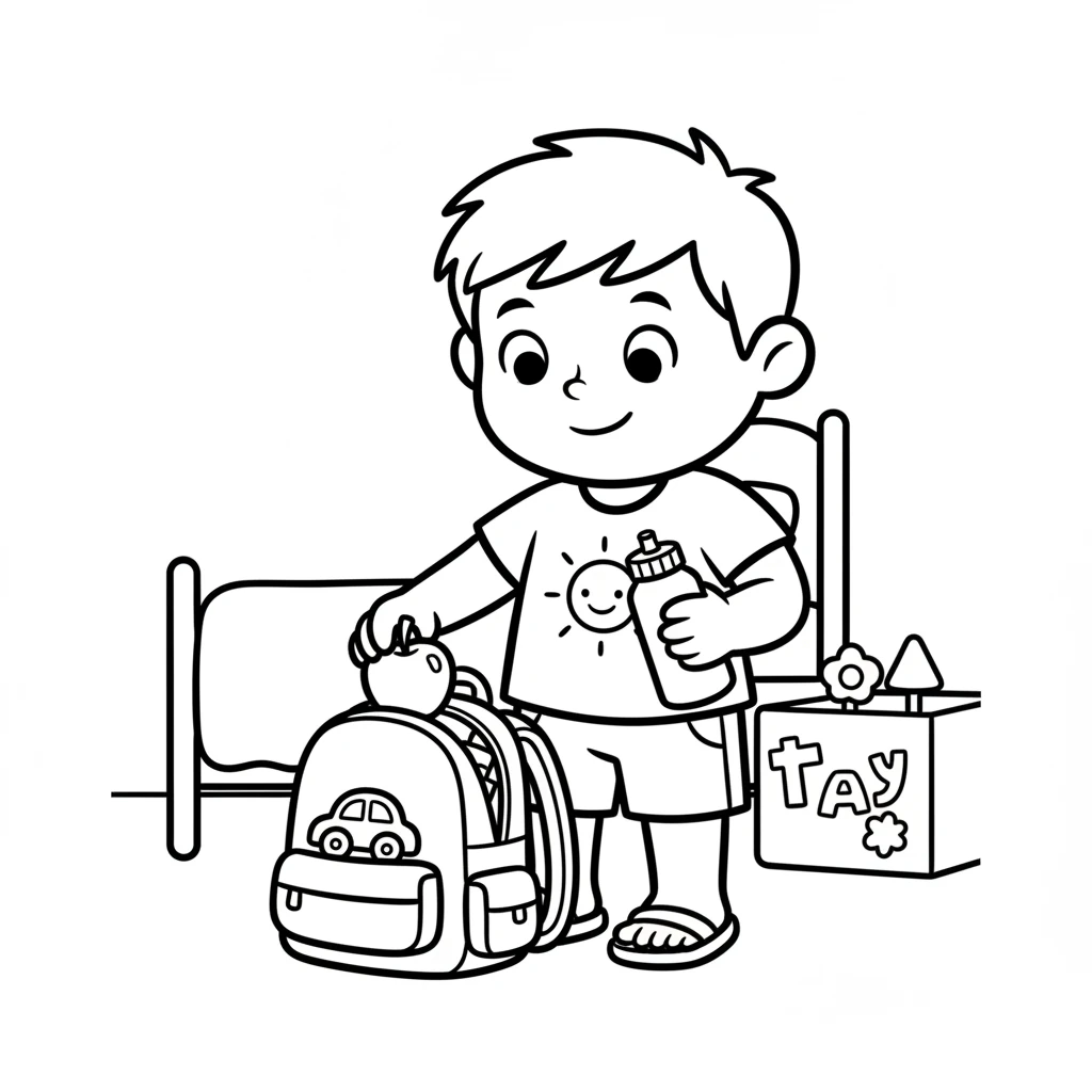Leo carefully packed a small backpack. He put in a juicy apple, a drink, and his favorite little toy car. He was ready for whatever the day might bring.