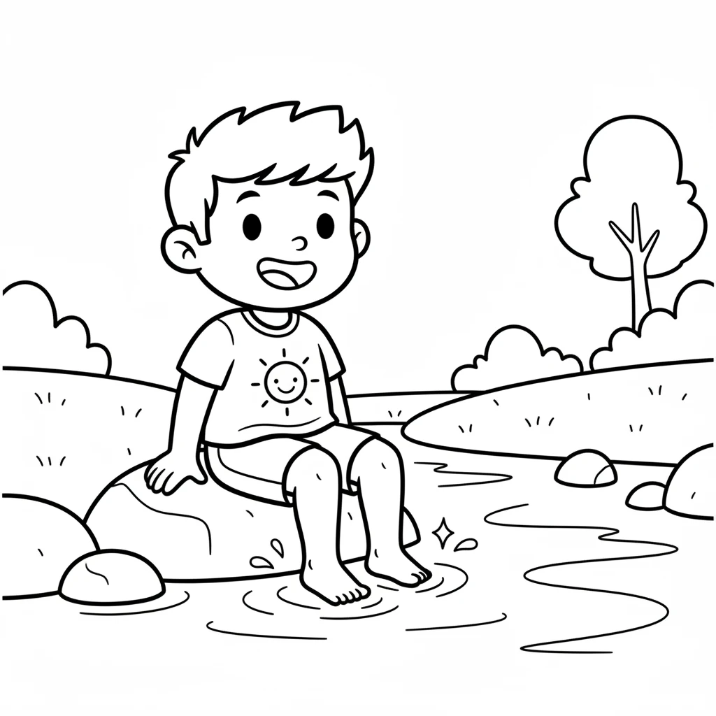 Further on, Leo found a cool, sparkling stream. He carefully dipped his toes into the refreshing water. It felt so nice and cool on his feet.