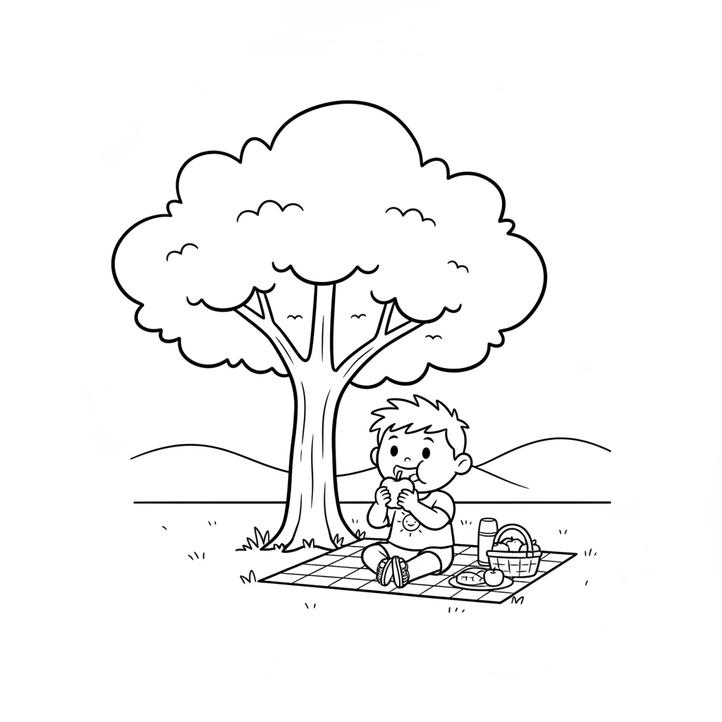 Under a big, friendly oak tree, Leo stopped for a picnic. He munched on his apple, enjoying the quiet hum of summer. The shade felt perfect.
