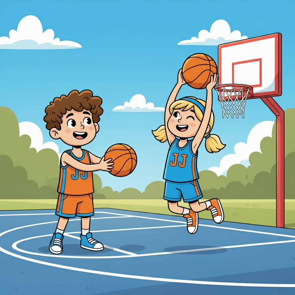 Aangekomen op een zonnig basketbalveld, begonnen Jessy en Jurre meteen te basketballen. Ze gooiden de bal naar elkaar, lachend en vol energie. De blauwe lucht en de warme zon maakten het perfect.