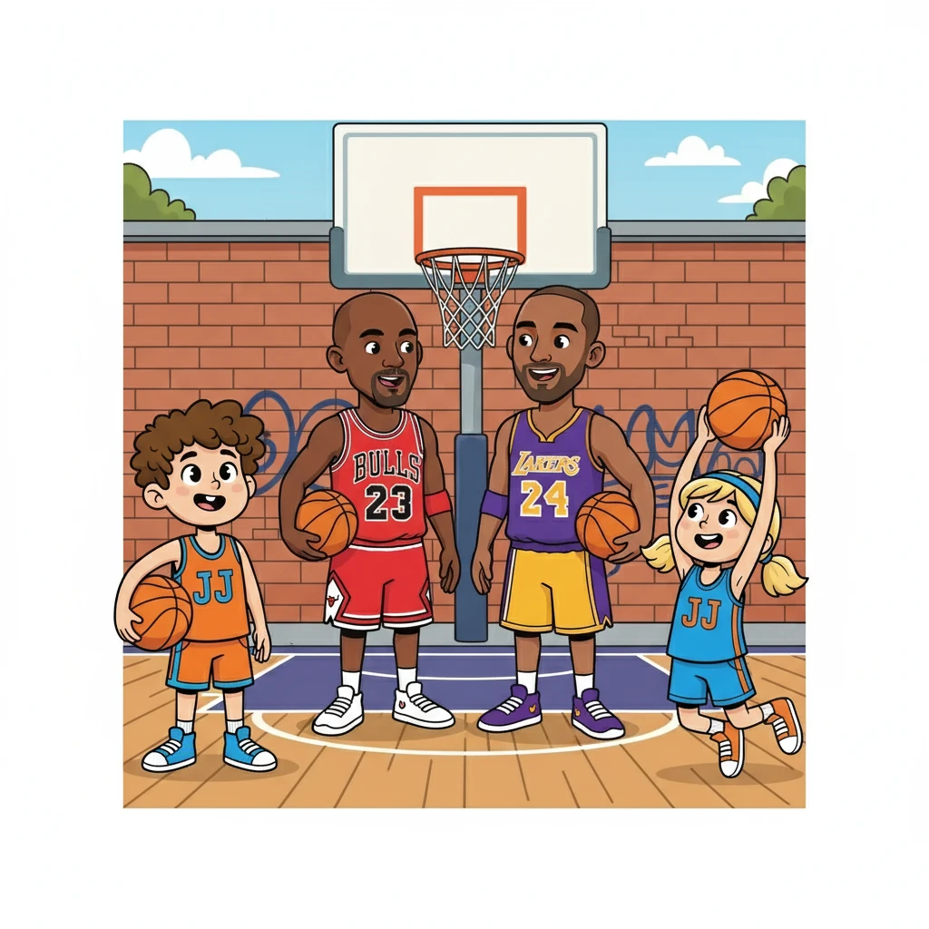 Plotseling, tijdens hun spel, zagen ze twee bekende gezichten: Michael Jordan en Kobe Bryant! Jessy en Jurre waren sprakeloos. Ze durfden amper te bewegen van verbazing.