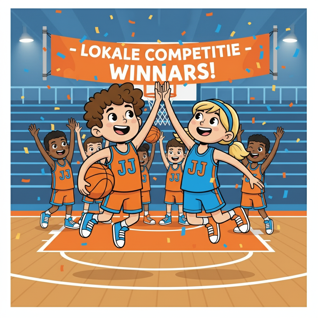 Na wekenlang trainen was het tijd voor een wedstrijd. Jessy en Jurre deden mee aan een plaatselijke competitie. Ze dunkten met flair en hun team won!
