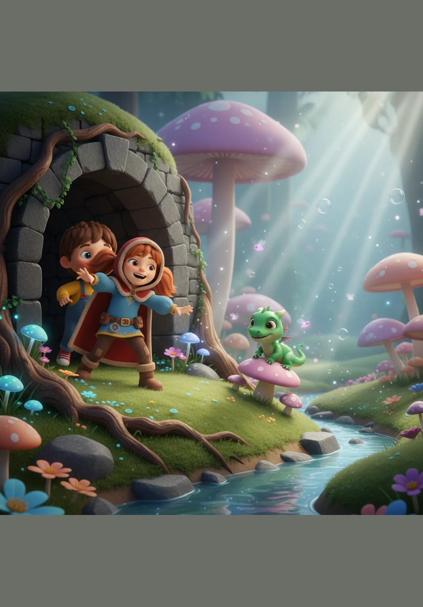 The siblings crawled through the tunnel and emerged into the Cotton Candy Forest, where the trees were made of pink fluff and the grass felt like soft green frosting. They were greeted by Barnaby, a tiny dragon with bright blue polka-dot scales and wings that were just a little bit too big for his body.