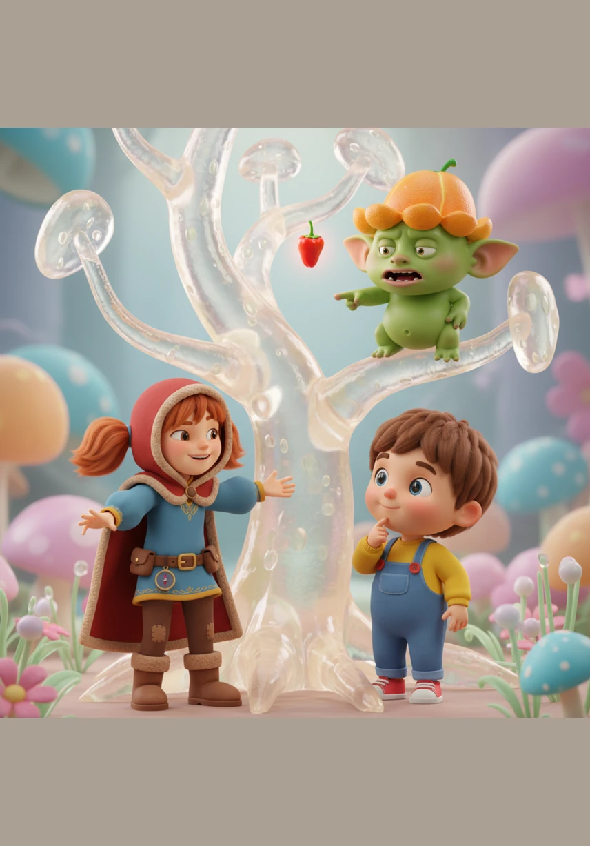 They found the magical pepper stuck high up on a wobbly jelly-tree branch, guarded by a grumpy but silly Tickle-Troll wearing a hat made of orange peels. The Troll declared that no one could pass unless they could make him laugh until his toes wiggled.