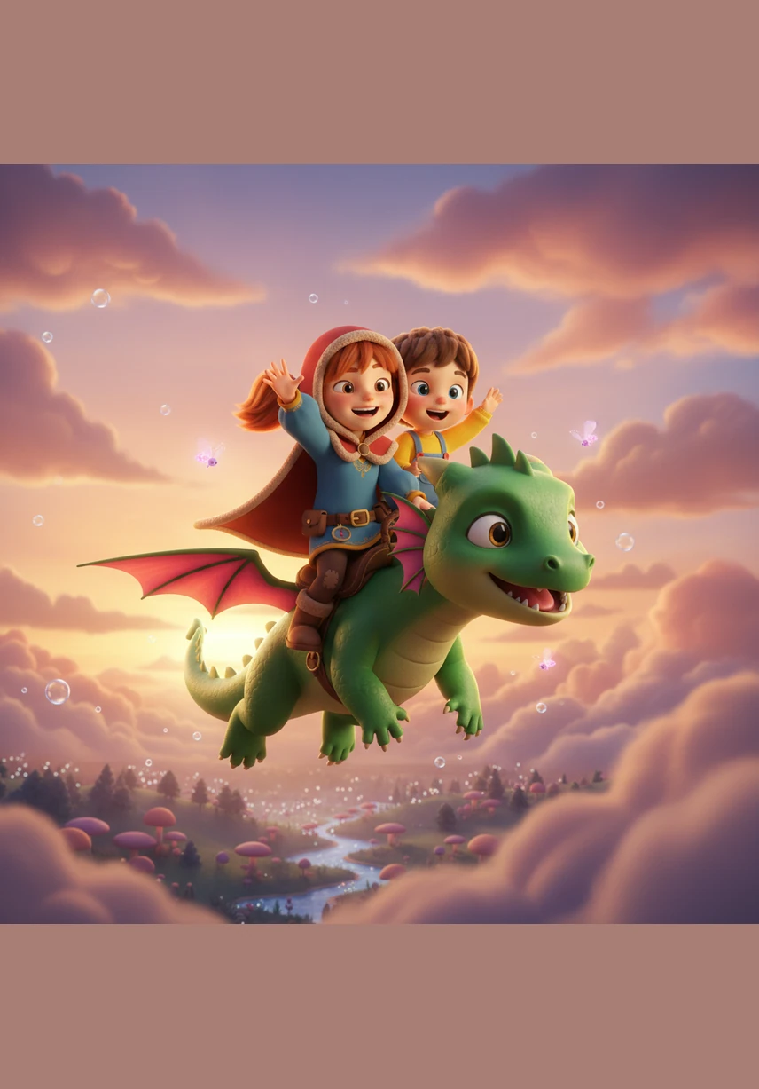 Barnaby nibbled the spicy pepper and let out a happy roar that turned into a shower of harmless golden sparkles. His wings began to glow, and he scooped Mariana and Santana onto his back for a gentle, soaring flight through the sunset-colored clouds.