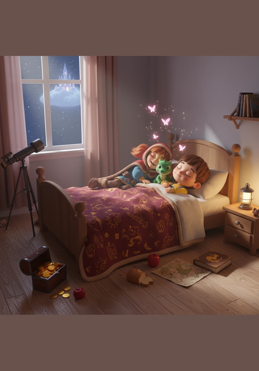 The dragon flew them right back to the tiny door just as the moon began to rise. Back in their bedroom, the door vanished and Barnaby was gone, but Mariana found a single polka-dot scale on the rug, a reminder of their brave and funny adventure.