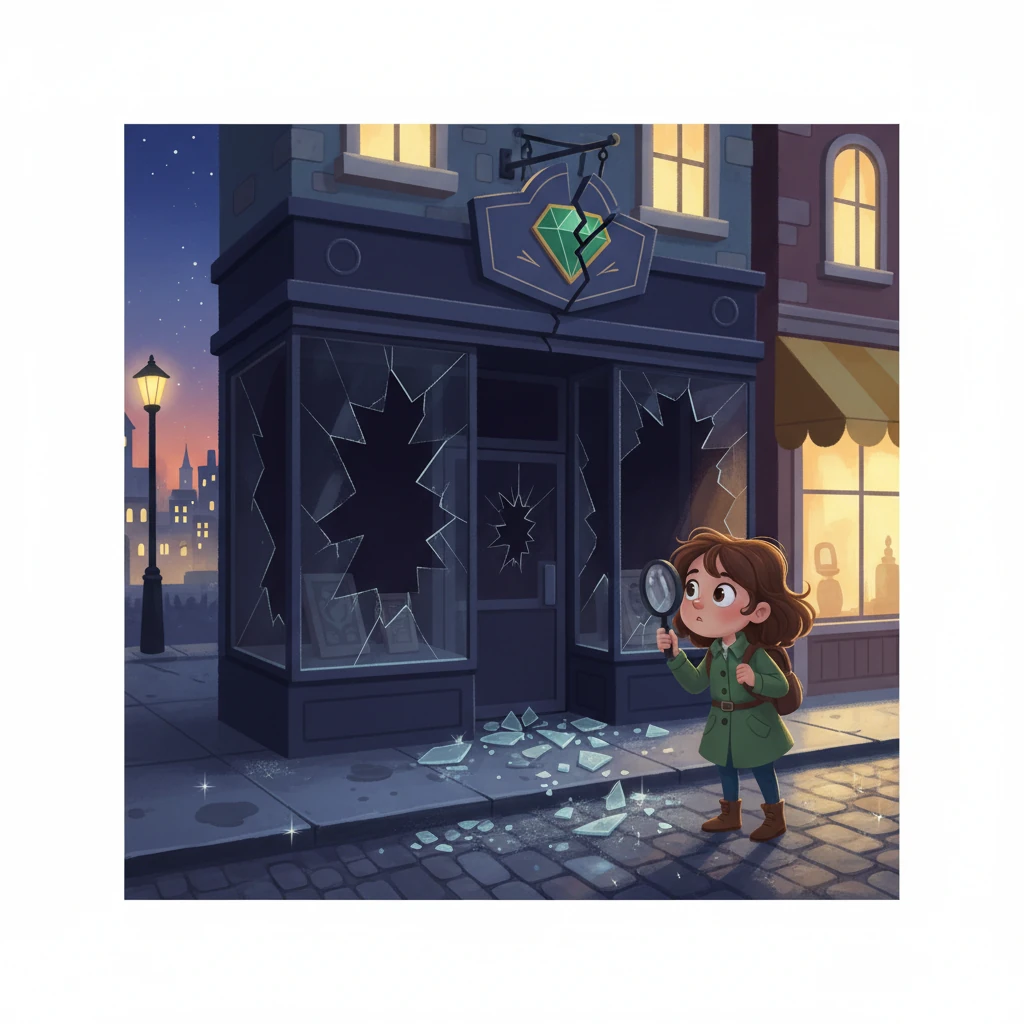 La nuit tombait sur le centre-ville. Les lumières scintillaient, mais une bijouterie, « Les Trésors d'Émeraude », était plongée dans l'obscurité, les vitrines brisées. Des éclats de verre brillaient sur le trottoir. Camille, une jeune fille curieuse avec un sens aigu de l'observation, arriva sur les lieux.