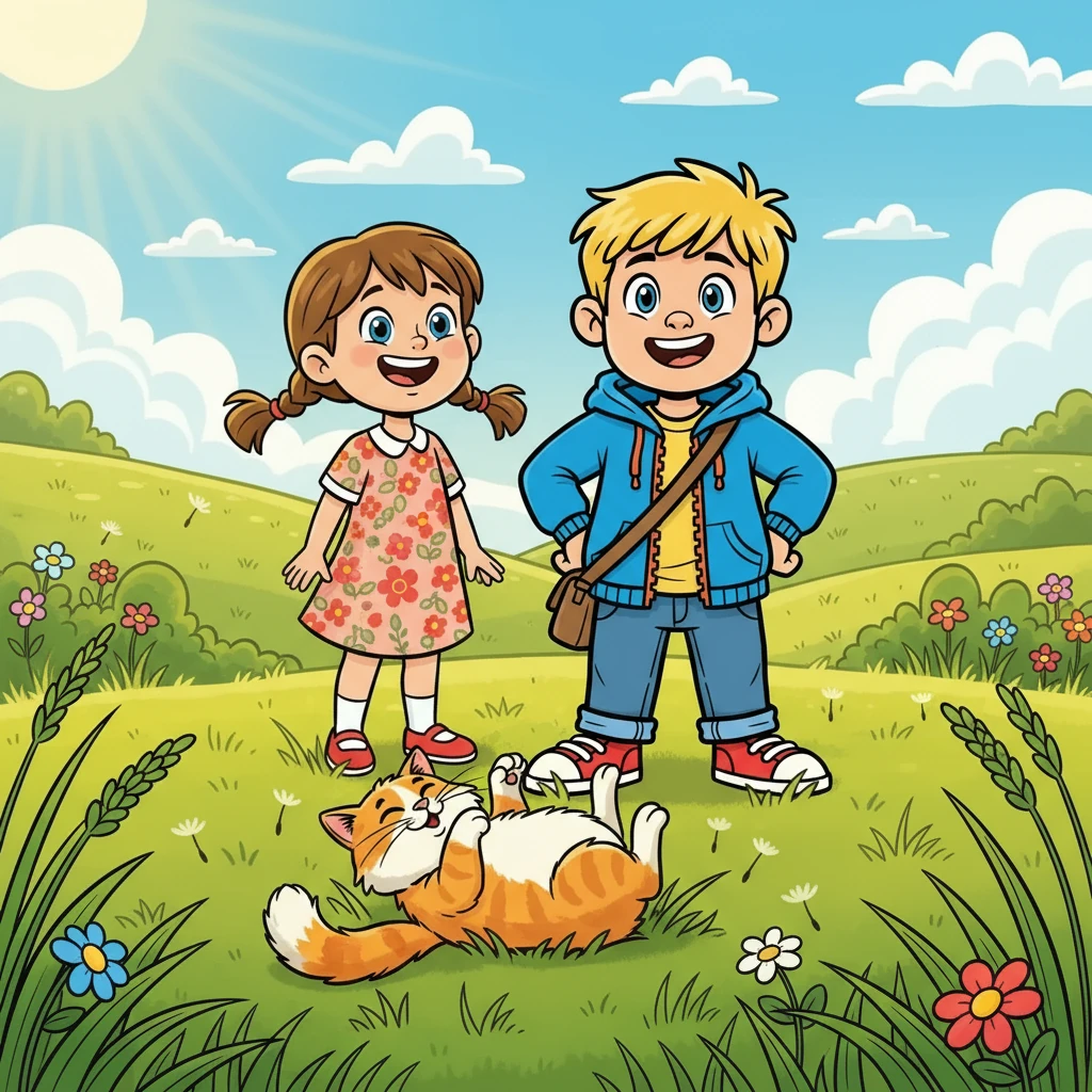 Vojta a Stella, s úsměvy na tvářích, stáli na zelené louce. Slunce svítilo a vítr jemně foukal. Pan Nadýchaný, jejich huňatá kočka, se spokojeně válel v trávě.