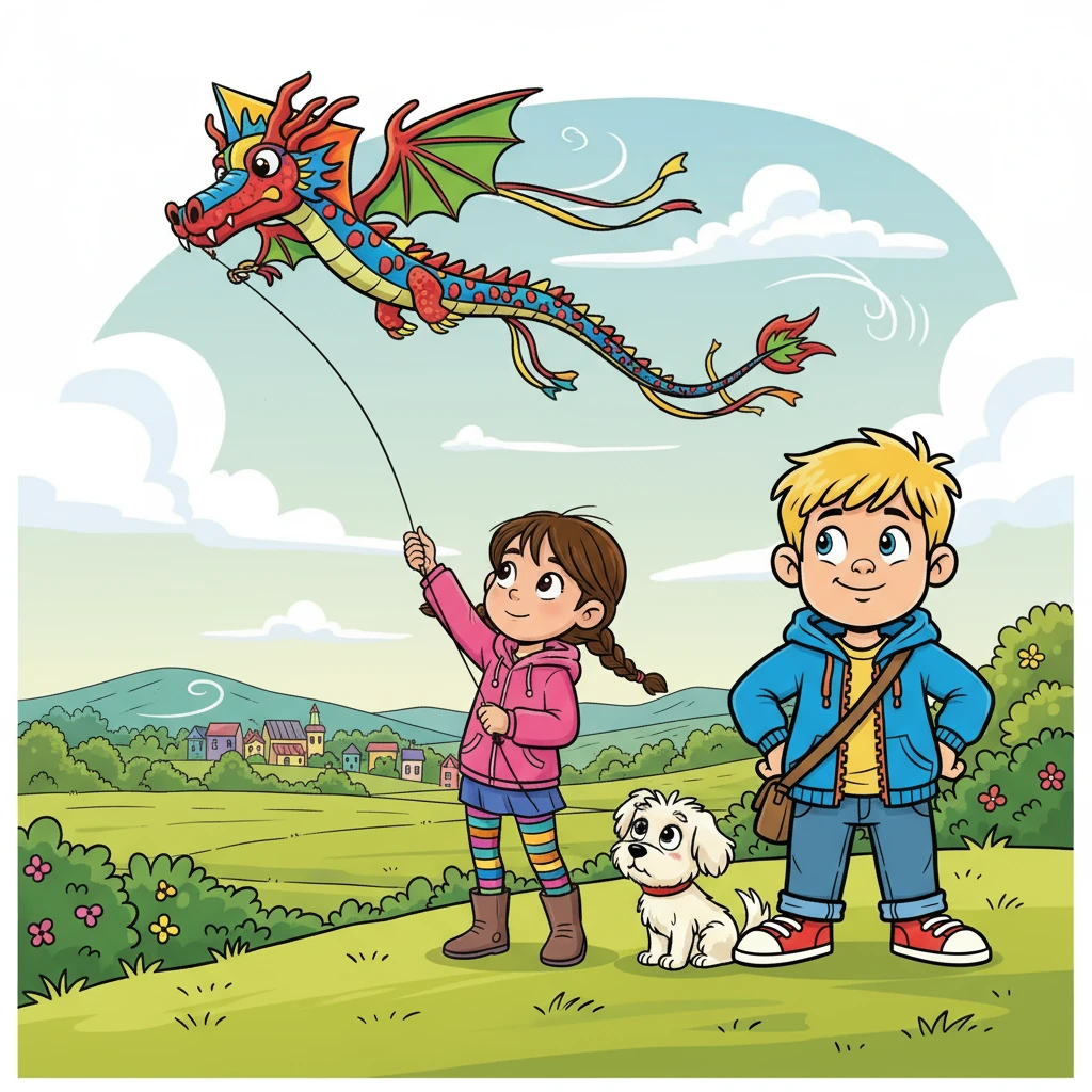 Stella držela pestrobarevného draka, připraveného vzlétnout. Vojta se díval, jak se drak houpá ve větru. Pan Nadýchaný zvědavě sledoval, co se děje.