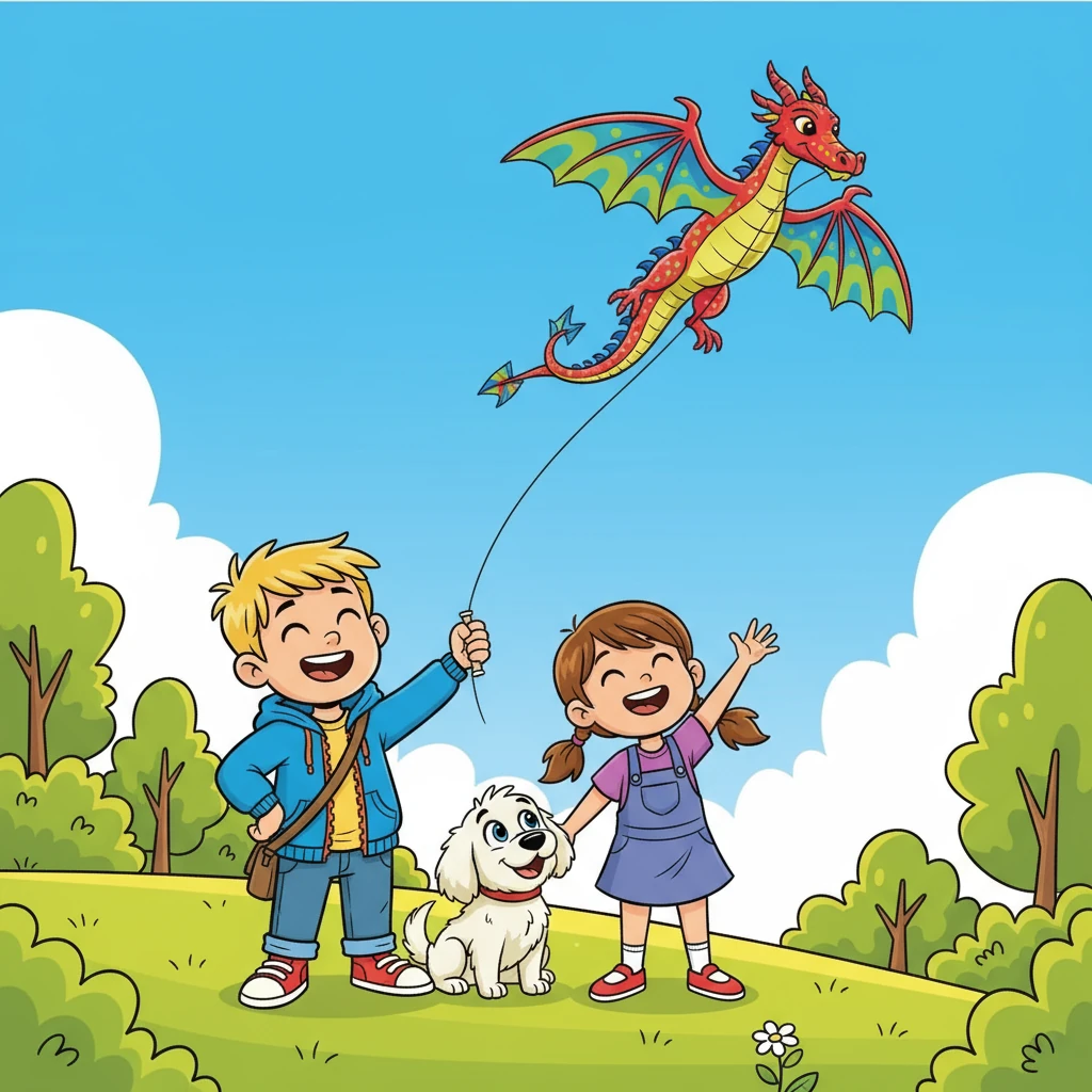 Drak se vznášel vysoko na obloze, jako pestrobarevný pták. Vojta a Stella se smáli a sledovali ho. Pan Nadýchaný sledoval draka s očima plnýma radosti.