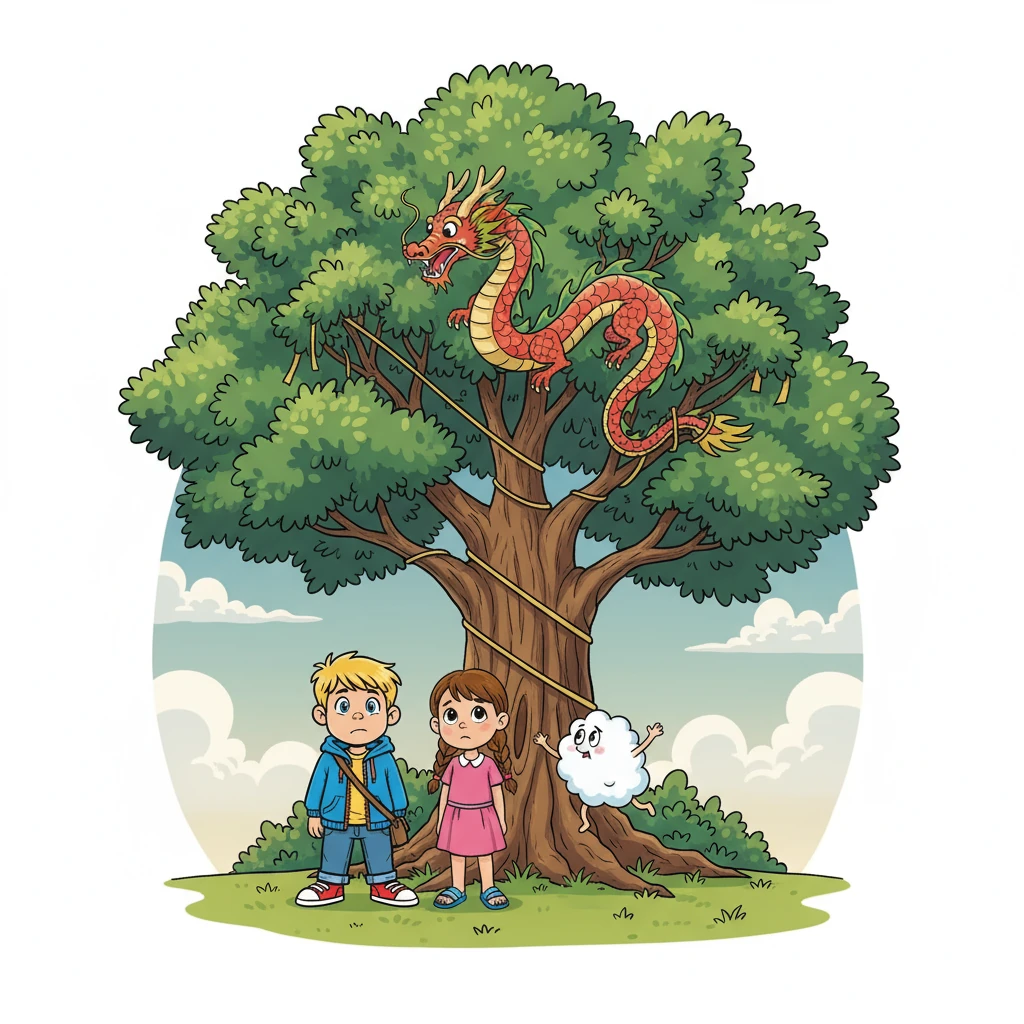 Z ničeho nic se drak zachytil v koruně starého stromu. Vojta a Stella se smutně dívali, jak se drak nehýbe. Pan Nadýchaný se snažil dostat k drakovi.