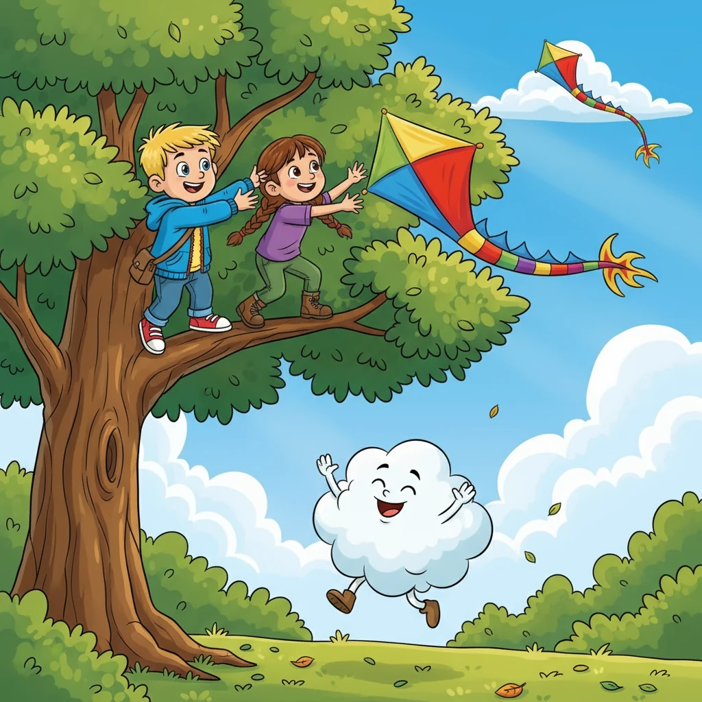 Vojta a Stella se rozhodli vylézt na strom a zachránit draka. Společně s panem Nadýchaným, který jim fandil zespodu, se jim to podařilo. Drak se znovu vznášel a všichni se radovali.