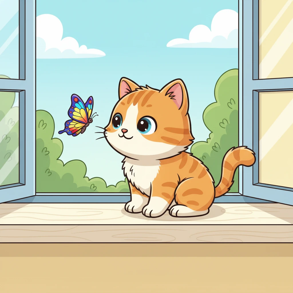 小淘气是一只活泼的小猫，它有着一身蓬松的橘色毛发和一双好奇的大眼睛。它正坐在窗台上，百无聊赖地看着窗外。突然，一只五彩斑斓的蝴蝶翩翩飞过，吸引了它的全部注意。小淘气的尾巴兴奋地摇摆起来，眼睛里闪烁着追逐的光芒。