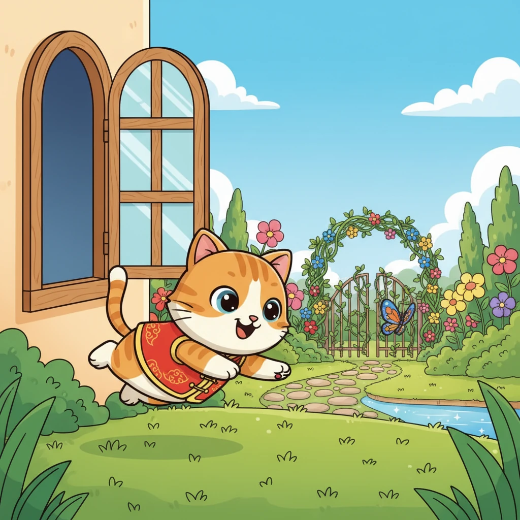 蝴蝶轻盈地飞出了窗外，小淘气毫不犹豫地跟着跳了出去。它灵巧地落在柔软的草地上，没有丝毫犹豫。它紧紧追随着蝴蝶，穿过院子，来到了一个陌生而充满生机的花园。