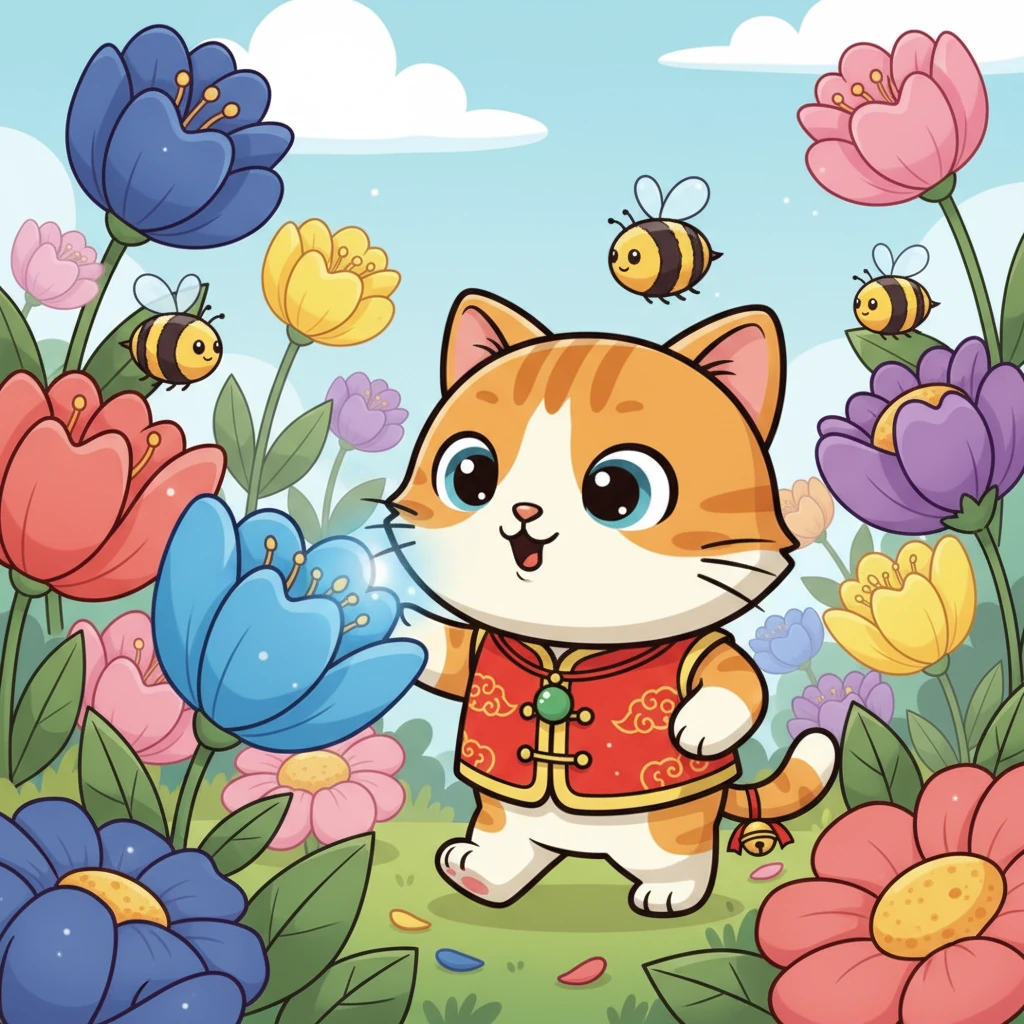 花园里充满了奇妙的景象，各种颜色的花朵争奇斗艳，蜜蜂嗡嗡地在花丛中忙碌。小淘气瞪大了眼睛，被眼前的一切深深吸引。它小心翼翼地穿梭在花瓣之间，感受着花香的芬芳。