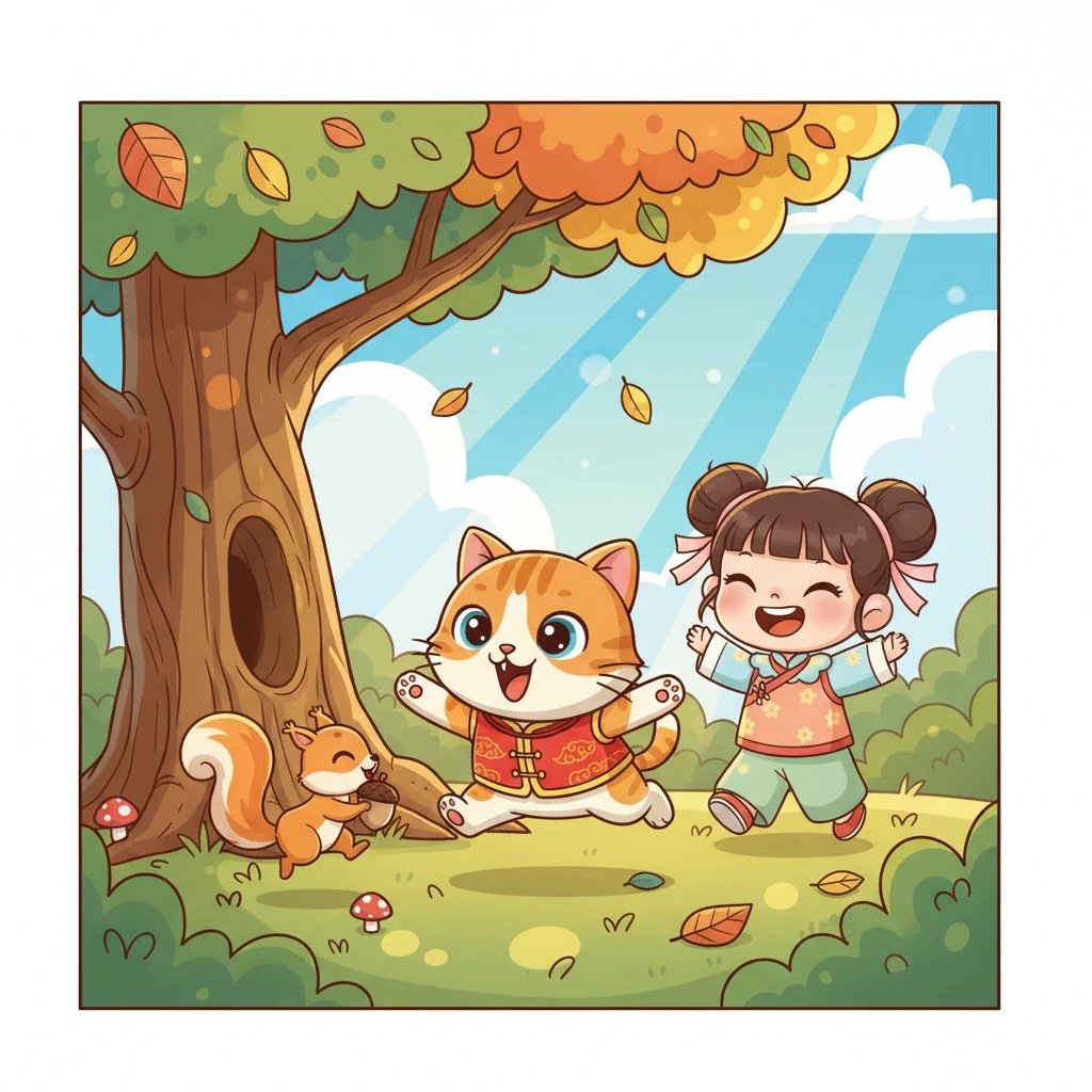 在探索的过程中，小淘气遇到了一只正在收集坚果的活泼小松鼠。小松鼠好奇地看着小淘气，它们短暂地玩起了捉迷藏的游戏。小淘气追着小松鼠跑来跑去，发出开心的喵喵声。