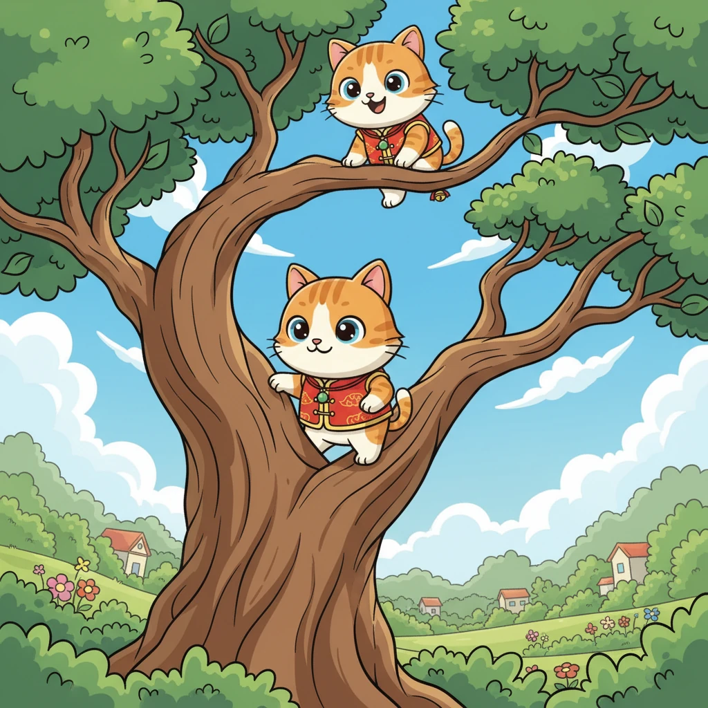 小淘气看到一棵高大的老树，树枝一直延伸到蓝天。它决定挑战自己，开始向上攀爬，每一步都小心翼翼。爬到树顶时，小淘气俯瞰着整个花园，虽然有点害怕，但更多的是前所未有的兴奋和自豪。