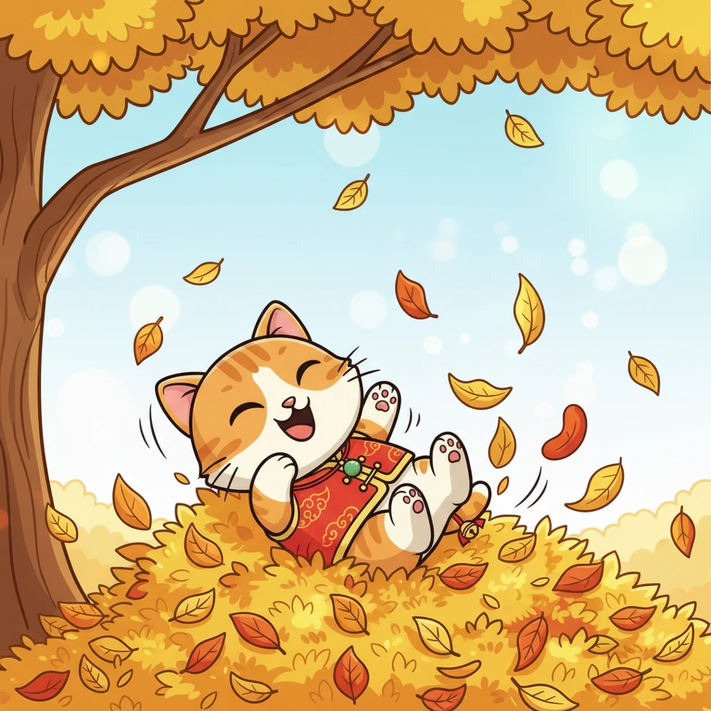 从树上跳下来时，小淘气准确地落入了一大堆柔软的落叶中。它在落叶堆里打滚，发出满足的咕噜声，享受着落叶带来的沙沙声和柔软触感。金色的叶子在它身上飞舞，像是在跳舞。