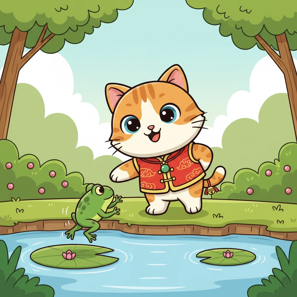 接着，小淘气发现了一个隐藏在灌木丛后的池塘。池塘里漂浮着绿色的睡莲，一只翠绿的小青蛙正坐在莲叶上。小淘气好奇地伸出爪子，试图去逗弄那只青蛙，青蛙则灵敏地跳入水中。