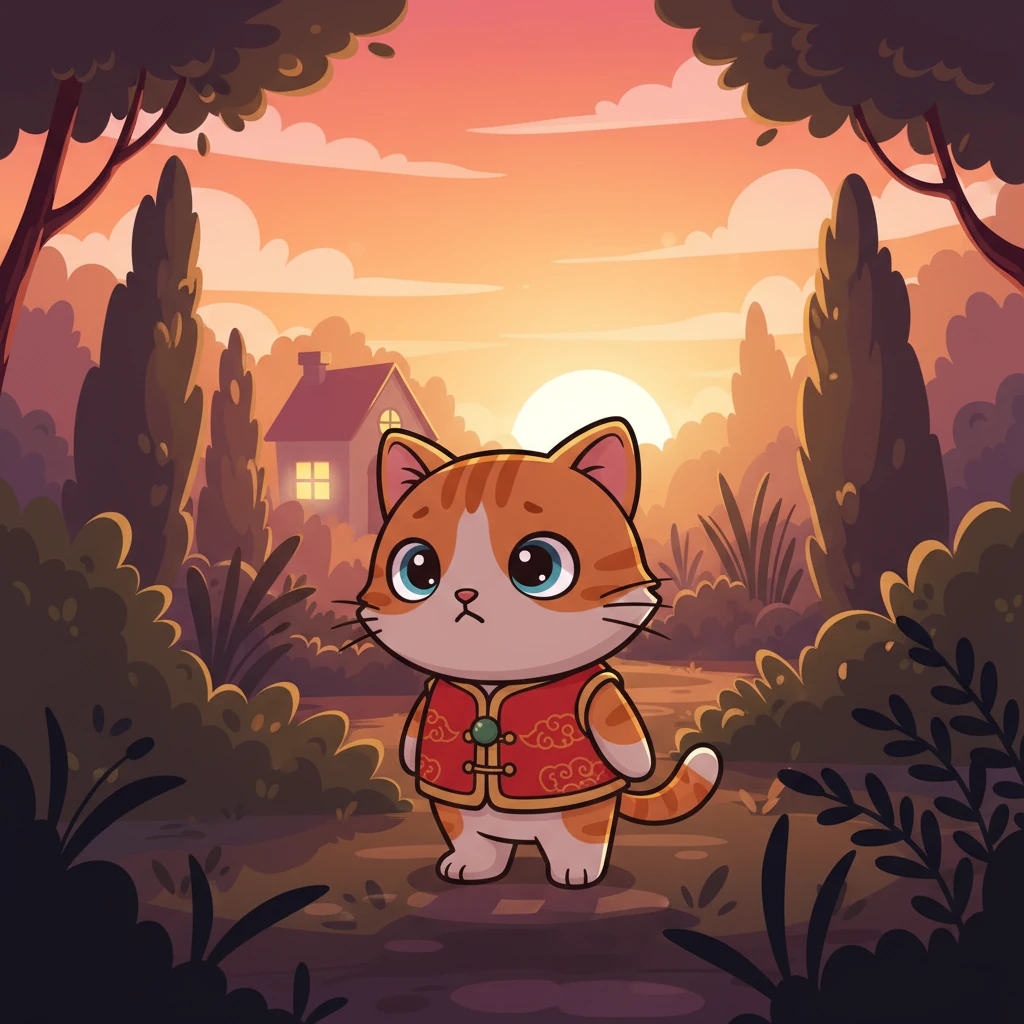 太阳渐渐西沉，天空被染成了橘红色，花园里的光线也变得昏暗起来。小淘气突然意识到自己已经走得很远，周围的一切开始变得陌生。它感到一丝不安和孤独，开始想念温暖的家。