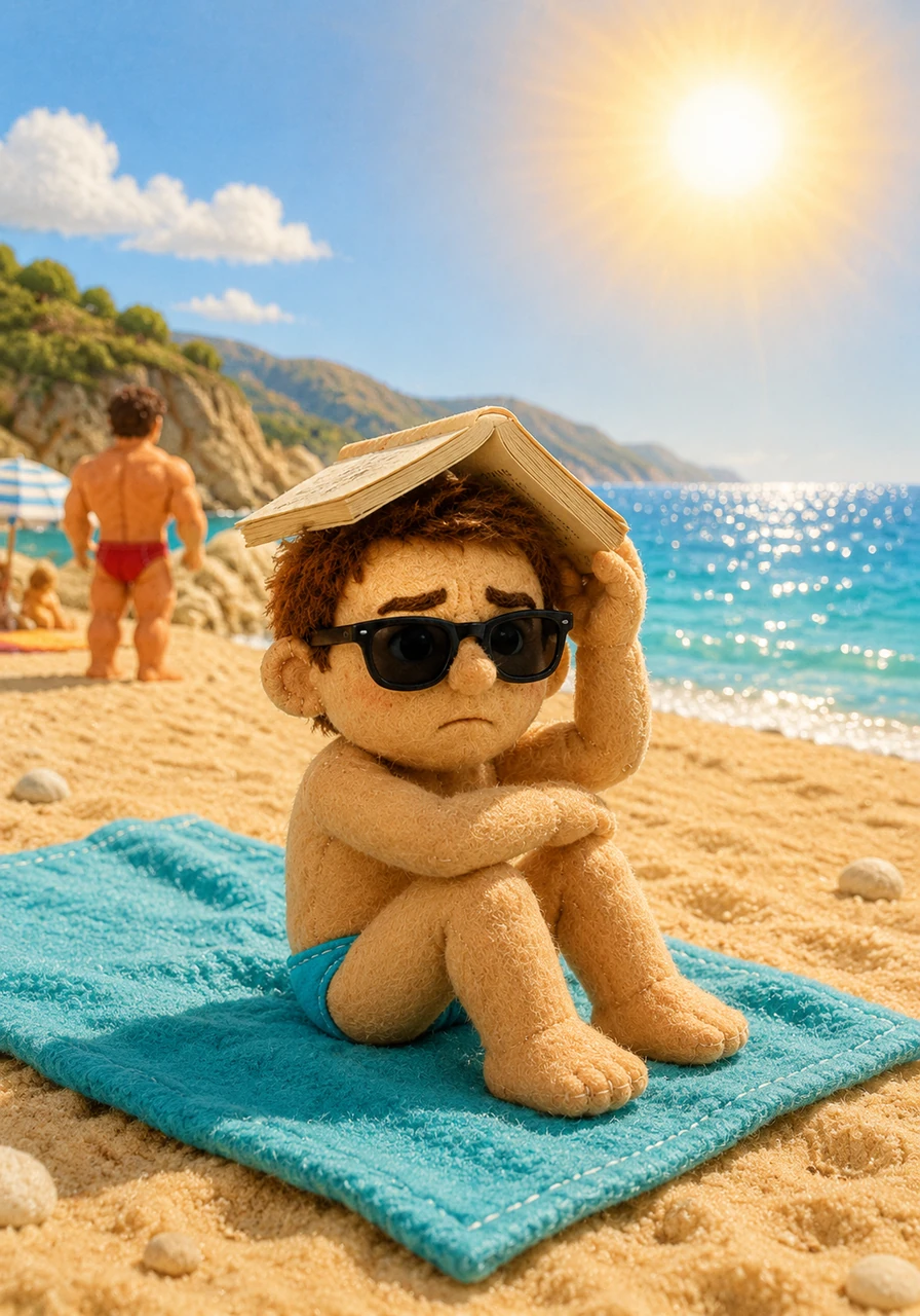 Jamie sits on a turquoise towel under the relentless Mediterranean sun, using a weathered paperback as a shield against the world. The golden heat radiates off the sand, while Jamie gazes toward the horizon, feeling small and out of place.