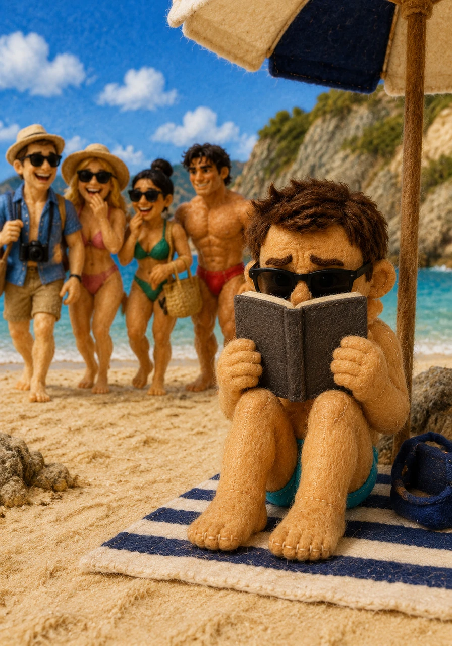 Clad in turquoise speedos that feel far too bold, Jamie tries to hide from the gaze of passing tourists. Every laugh from a nearby group makes Jamie pull the book higher, seeking refuge in the pages of an existentialist novel.