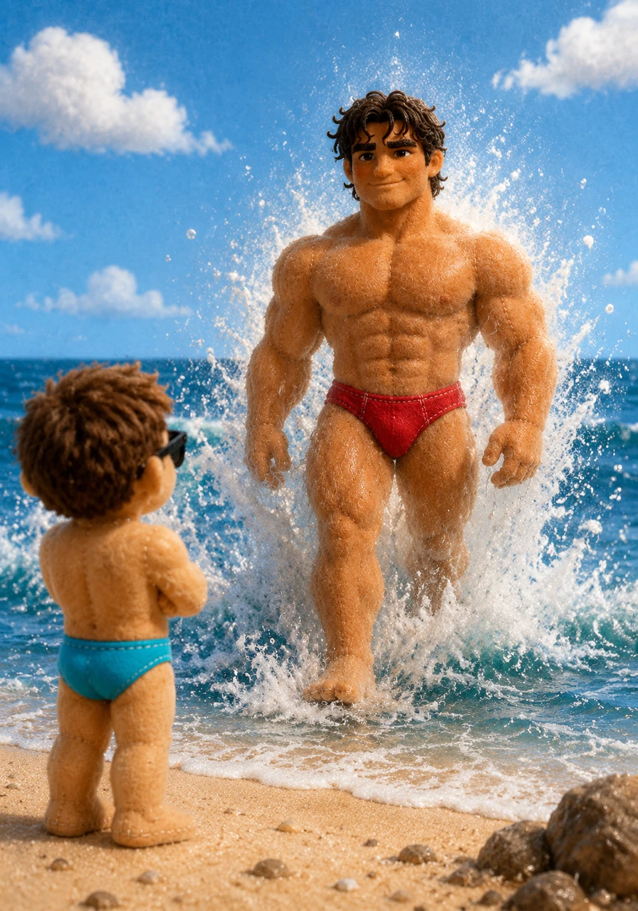 Suddenly, the water breaks and a figure emerges from the surf like a statue carved from salt and light. Callum walks onto the beach with effortless confidence, his red speedos a striking contrast against the deep blue of the sea.