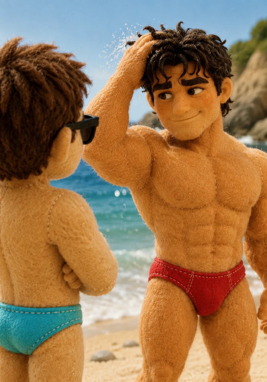 As Callum shakes the saltwater from his hair, his eyes lock onto Jamie's behind dark sunglasses. The world seems to go quiet, the sound of the waves and gulls fading away as a slow, knowing grin spreads across Callum’s face.