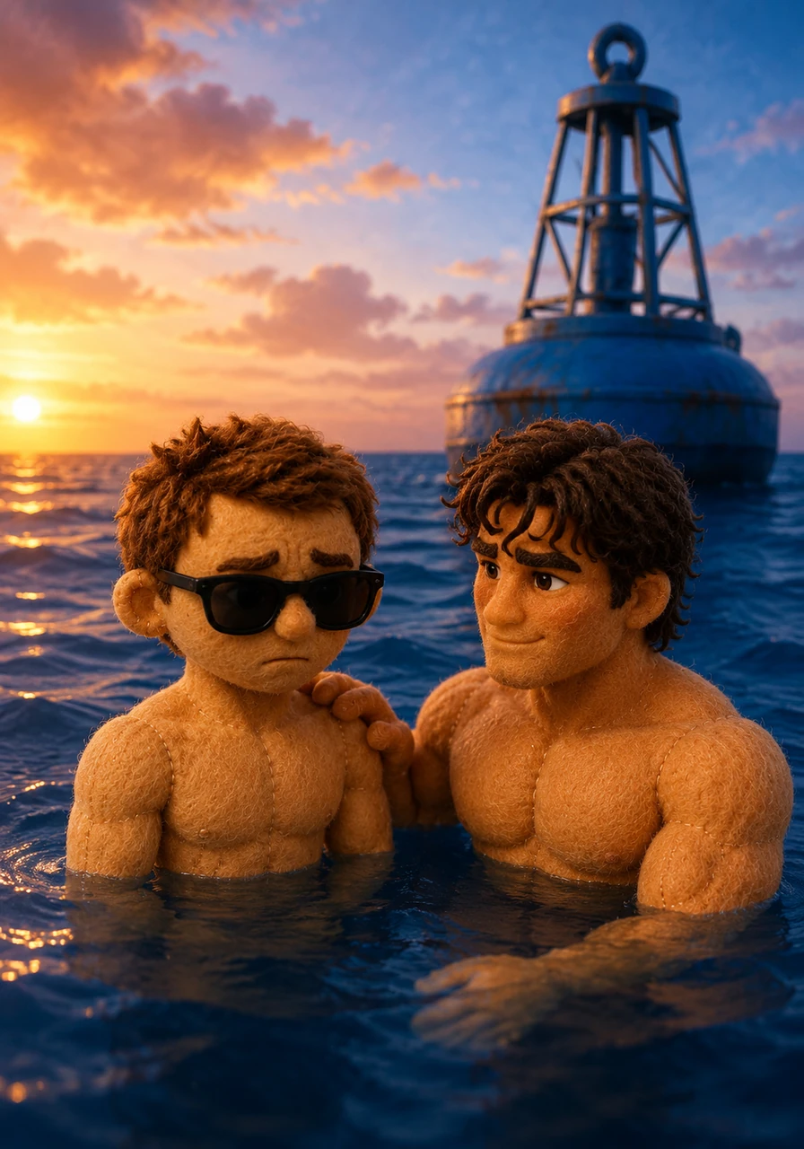 Out at the deep blue buoy, they float together in a moment of shared silence. Callum’s hand brushes Jamie’s shoulder to steady himself, a simple touch that feels like an invitation to something much deeper.