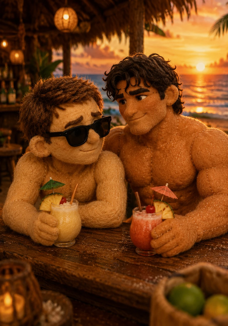 As the sun begins to set, they sit at a rustic beach bar, their damp skin occasionally touching as they lean in to talk over the music. They sip cold, sweet drinks while the sky turns to honey and the air grows thick with possibility.